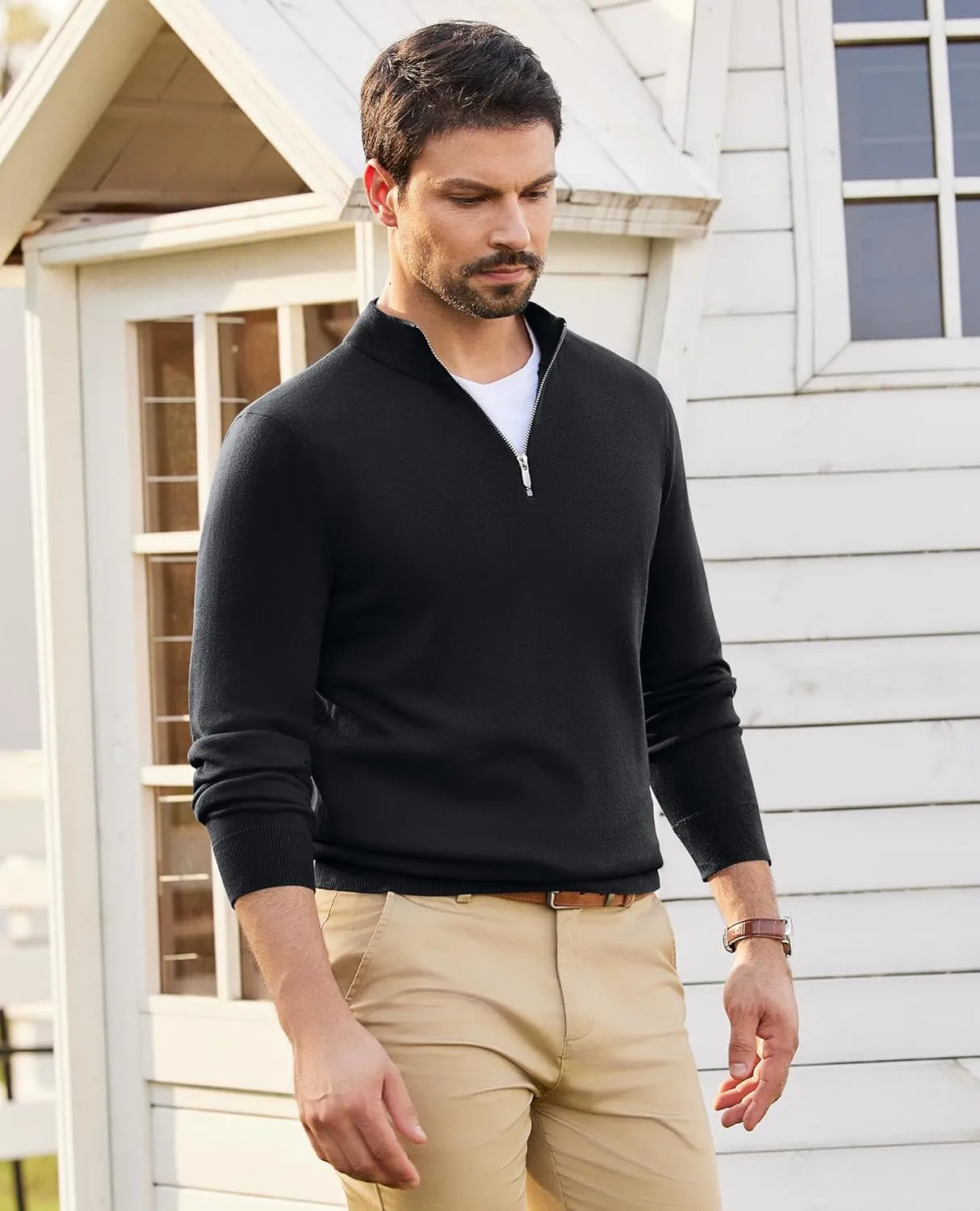 Alimens & Gentle Mens Quarter Zip Pullover Sweaters Cotton Lightweight Mock Neck Long Sleeve