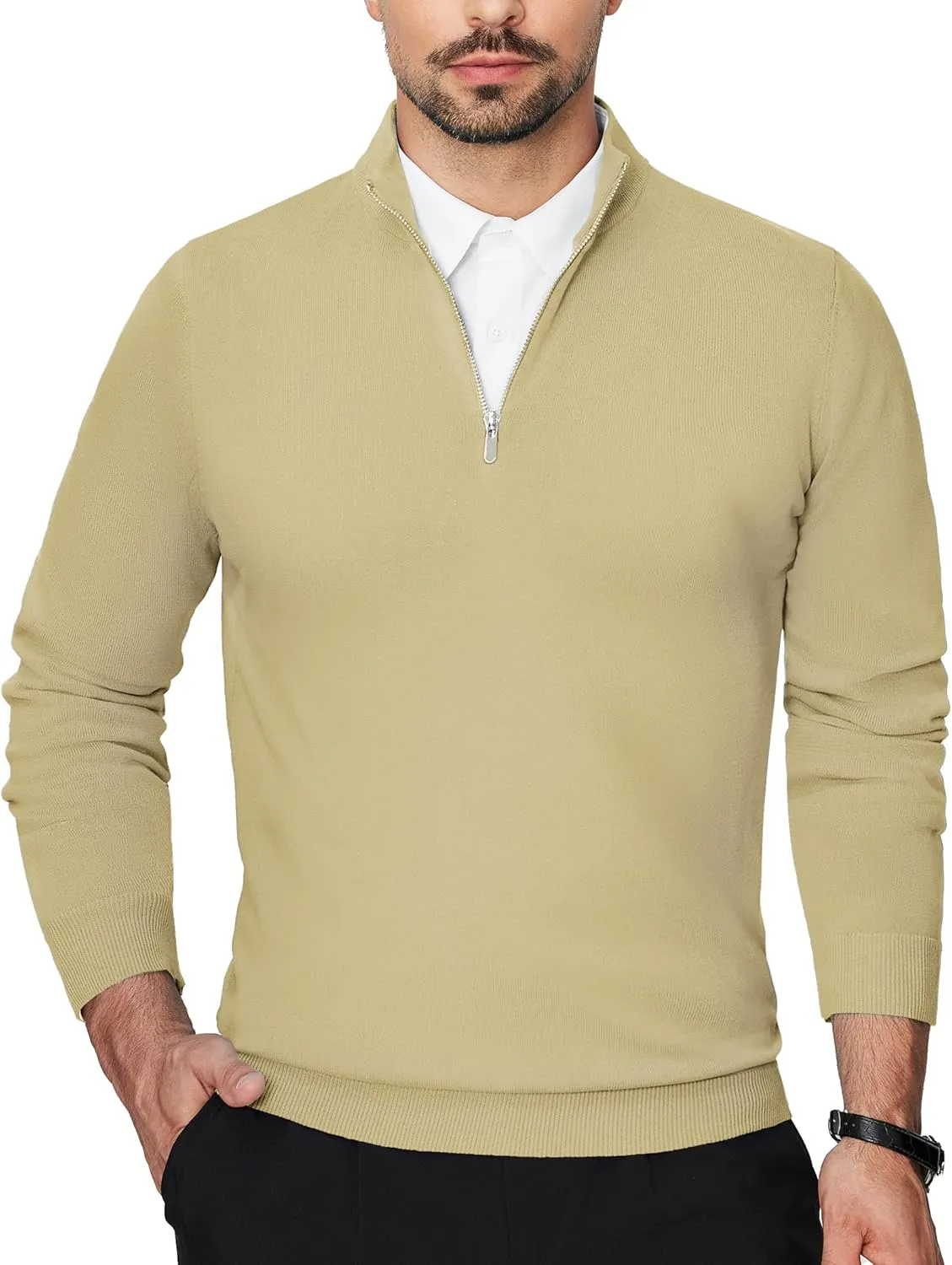 Alimens & Gentle Mens Quarter Zip Pullover Sweaters Cotton Lightweight Mock Neck Long Sleeve