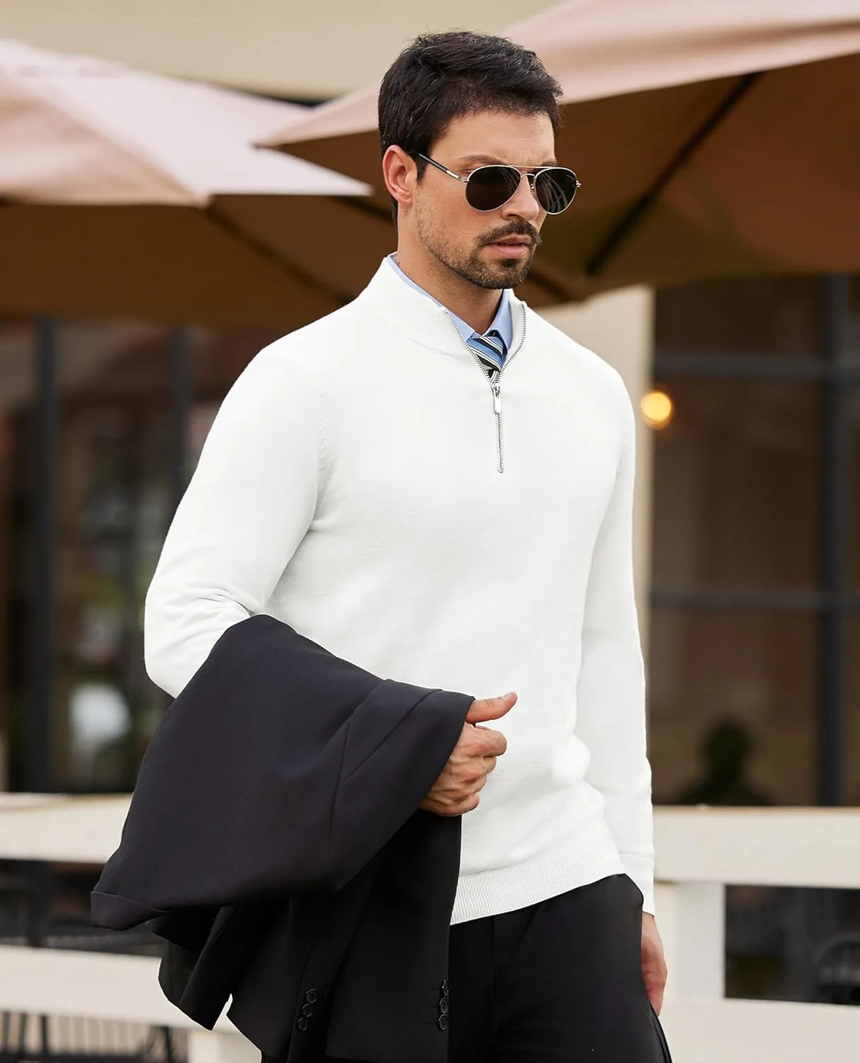 Alimens & Gentle Mens Quarter Zip Pullover Sweaters Cotton Lightweight Mock Neck Long Sleeve
