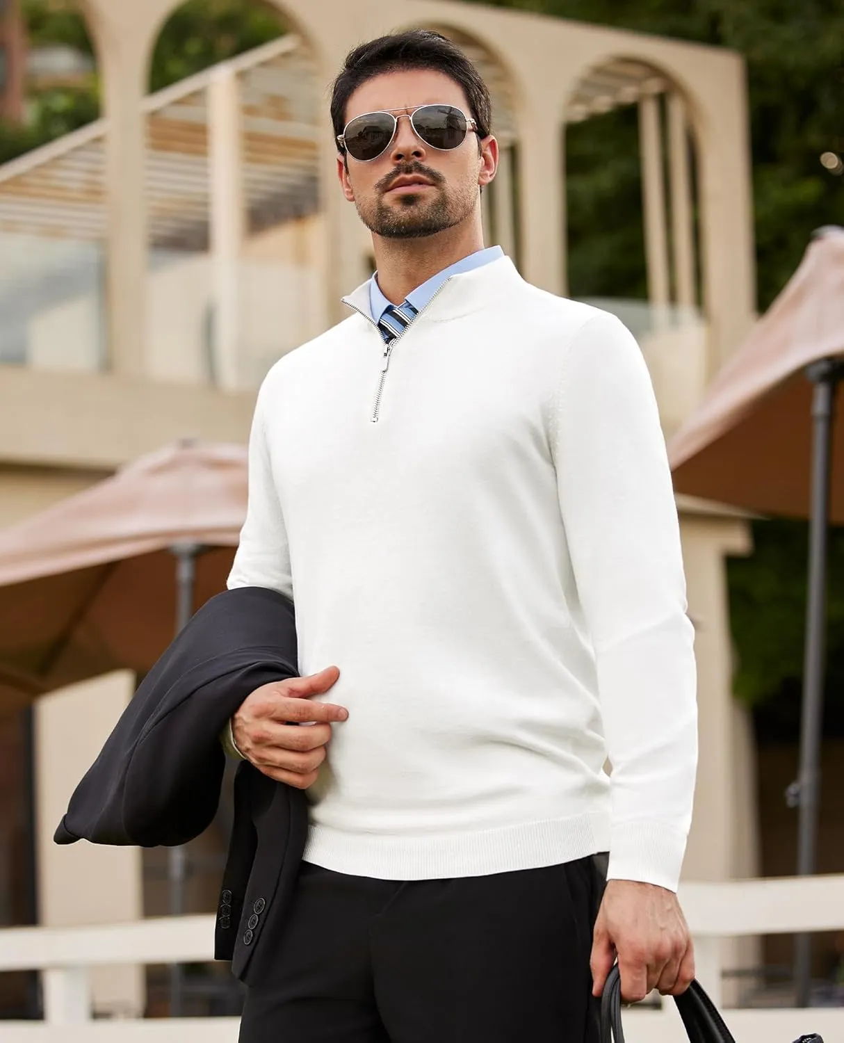 Alimens & Gentle Mens Quarter Zip Pullover Sweaters Cotton Lightweight Mock Neck Long Sleeve