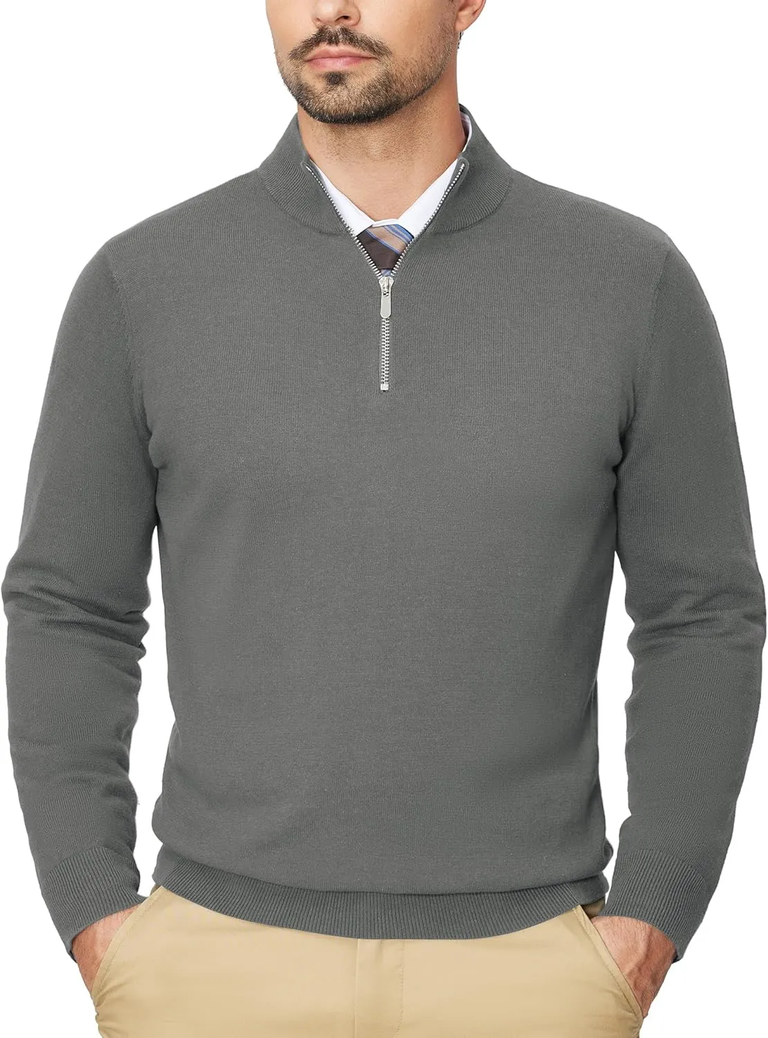 Alimens & Gentle Mens Quarter Zip Pullover Sweaters Cotton Lightweight Mock Neck Long Sleeve