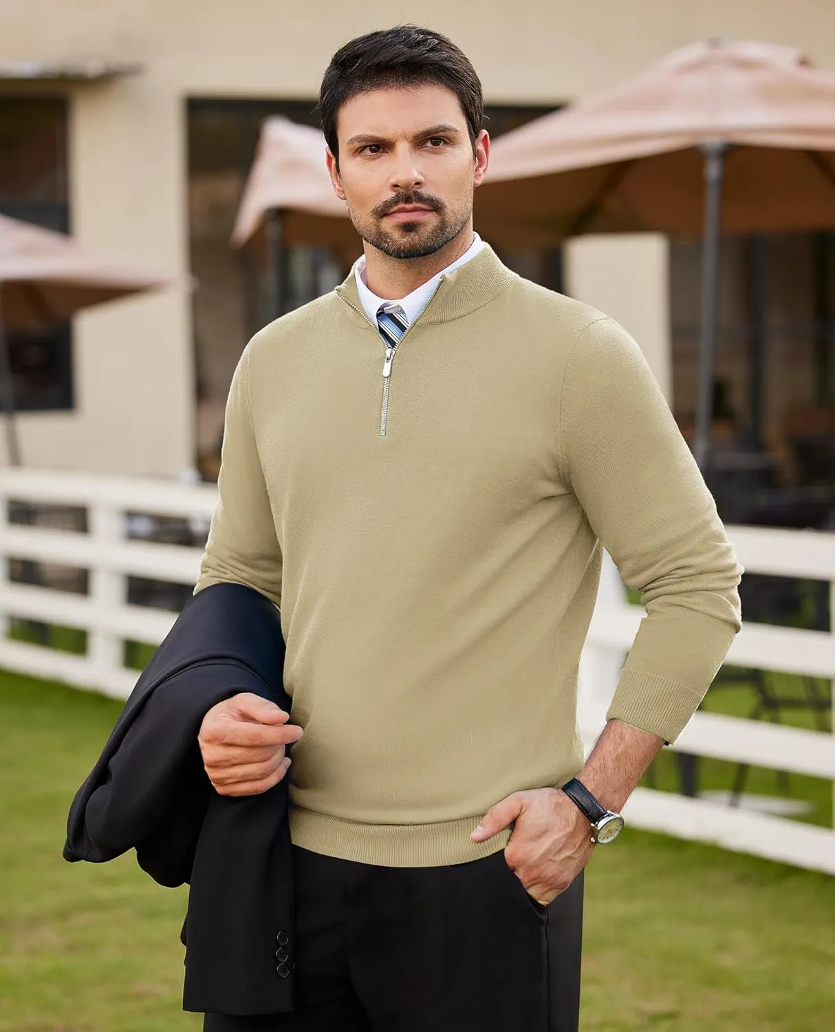 Alimens & Gentle Mens Quarter Zip Pullover Sweaters Cotton Lightweight Mock Neck Long Sleeve