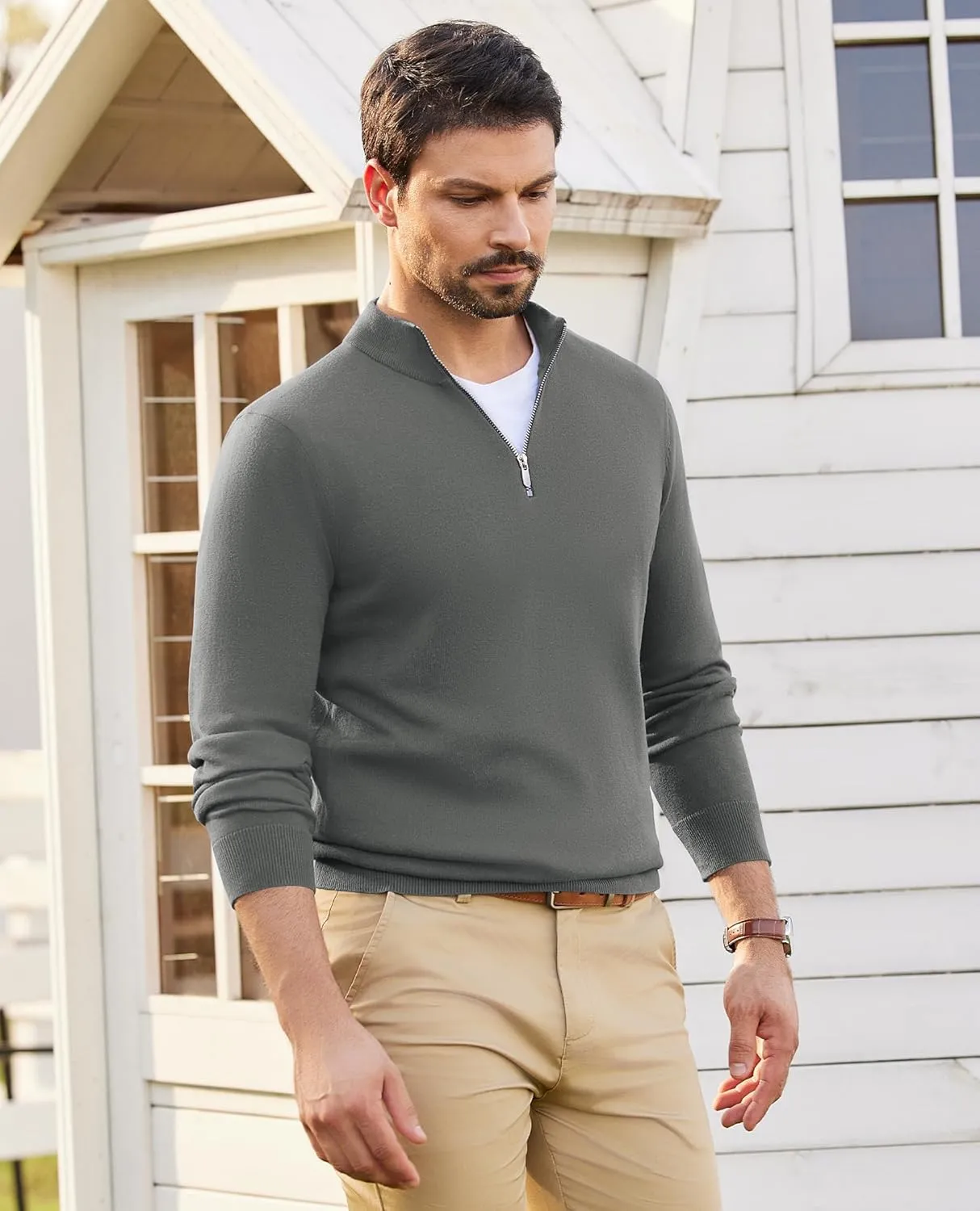 Alimens & Gentle Mens Quarter Zip Pullover Sweaters Cotton Lightweight Mock Neck Long Sleeve