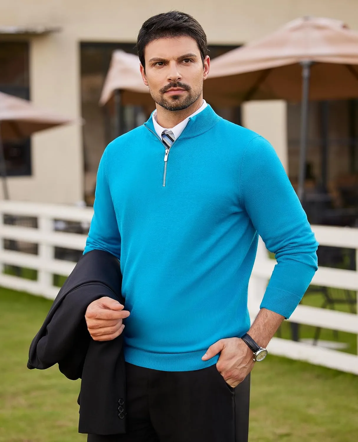Alimens & Gentle Mens Quarter Zip Pullover Sweaters Cotton Lightweight Mock Neck Long Sleeve