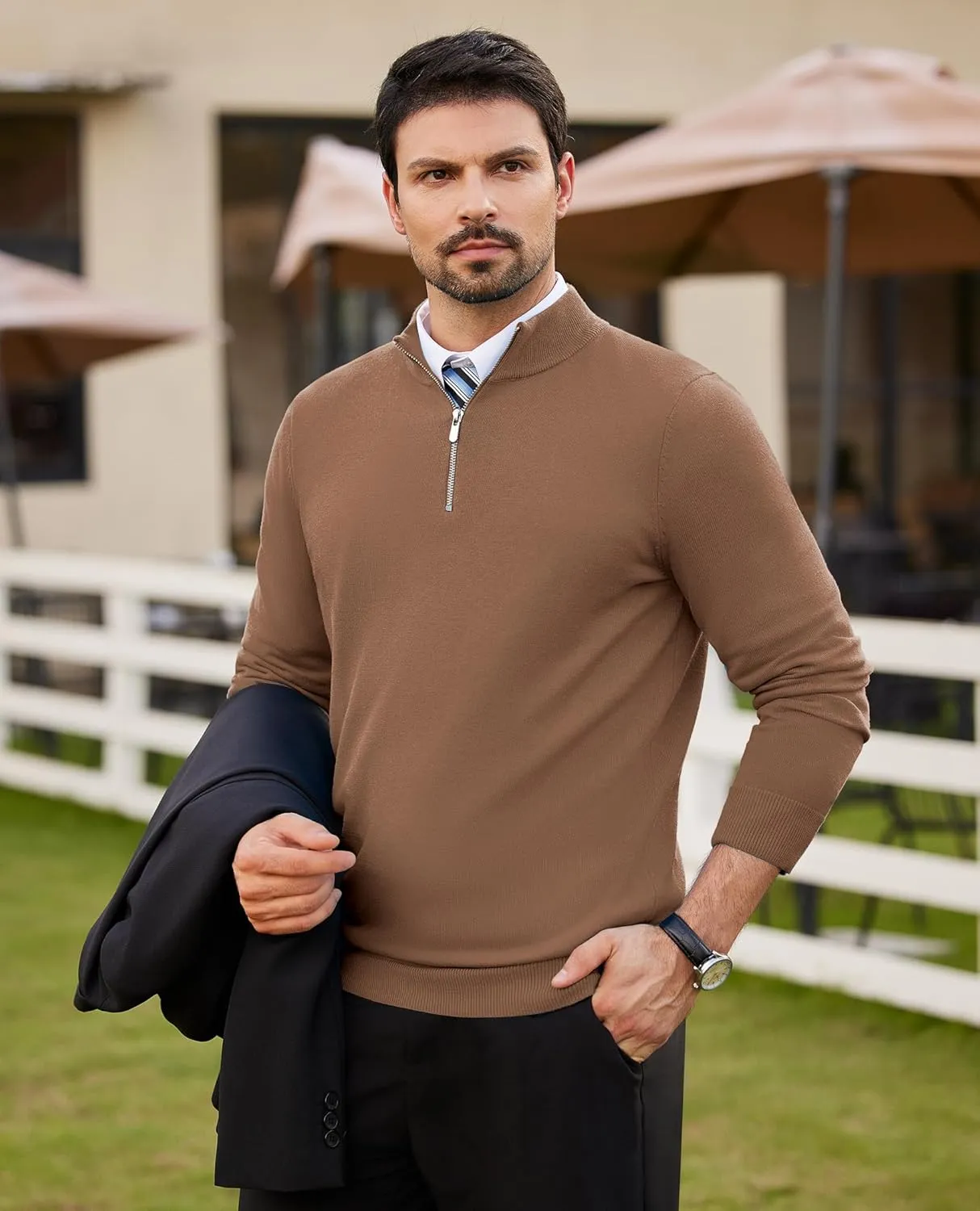 Alimens & Gentle Mens Quarter Zip Pullover Sweaters Cotton Lightweight Mock Neck Long Sleeve