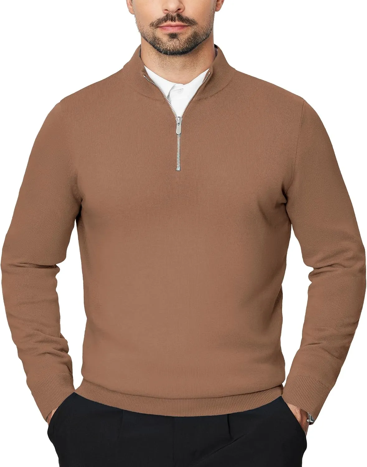 Alimens & Gentle Mens Quarter Zip Pullover Sweaters Cotton Lightweight Mock Neck Long Sleeve