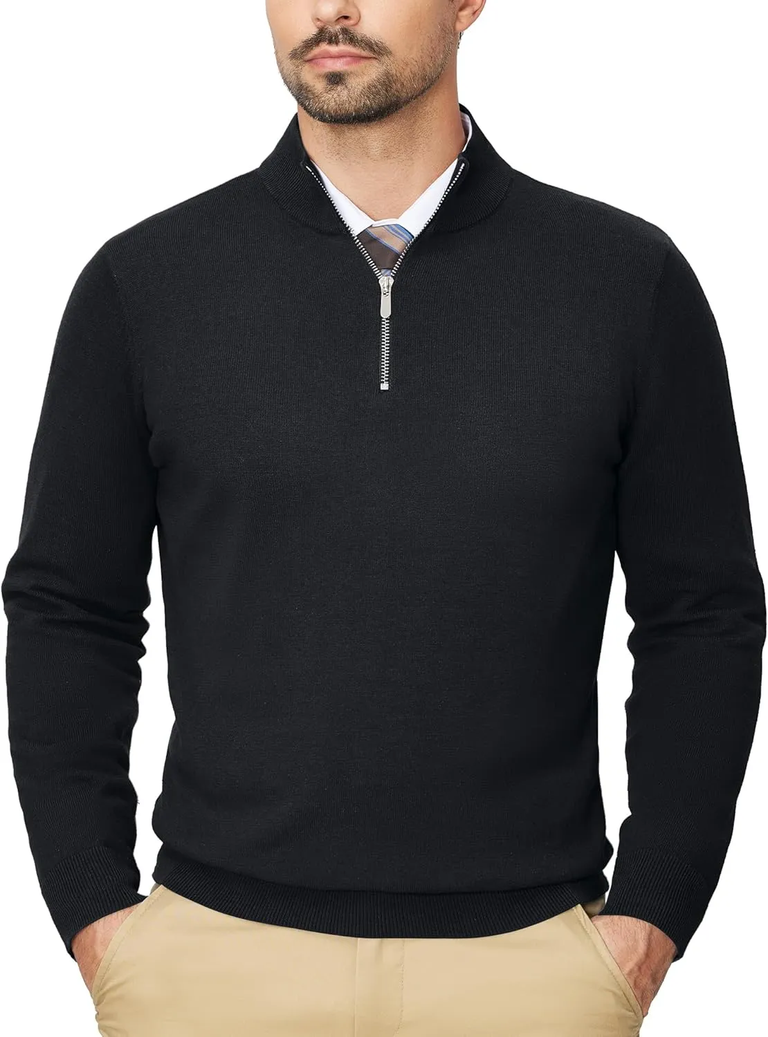 Alimens & Gentle Mens Quarter Zip Pullover Sweaters Cotton Lightweight Mock Neck Long Sleeve