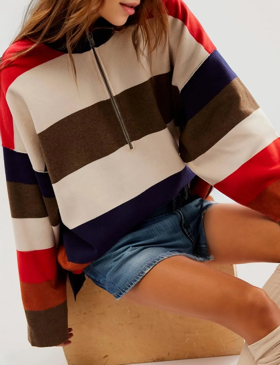 Arssm Womens Oversized Sweaters Color Block Stripe Half Zip Sweater Turtleneck Long Sleeve Fall Outfits 2024 S-XL