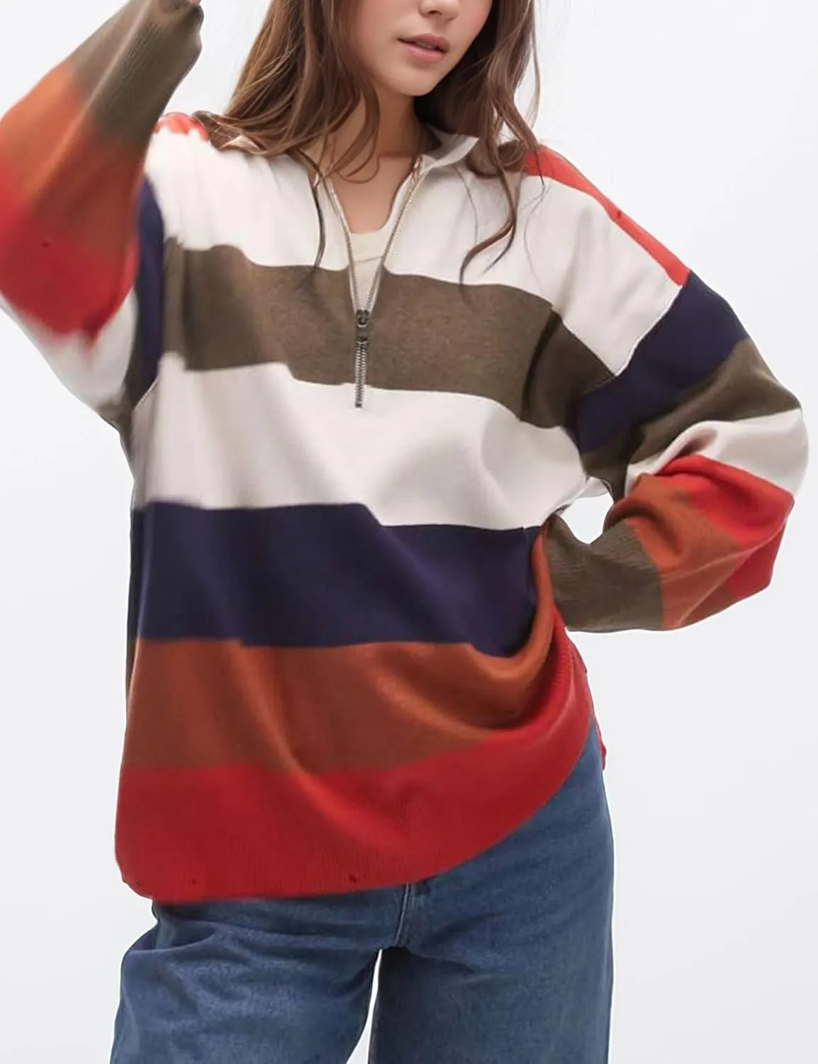 Arssm Womens Oversized Sweaters Color Block Stripe Half Zip Sweater Turtleneck Long Sleeve Fall Outfits 2024 S-XL