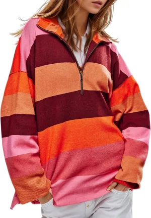 Arssm Womens Oversized Sweaters Color Block Stripe Half Zip Sweater Turtleneck Long Sleeve Fall Outfits 2024 S-XL