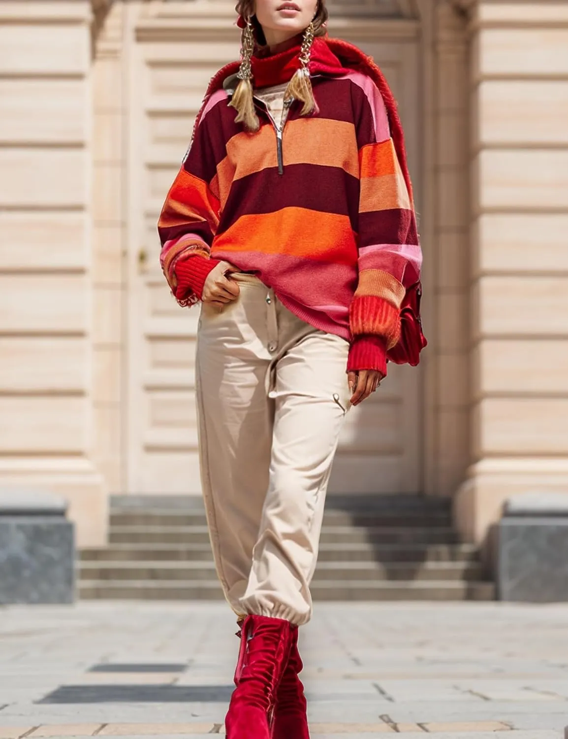 Arssm Womens Oversized Sweaters Color Block Stripe Half Zip Sweater Turtleneck Long Sleeve Fall Outfits 2024 S-XL