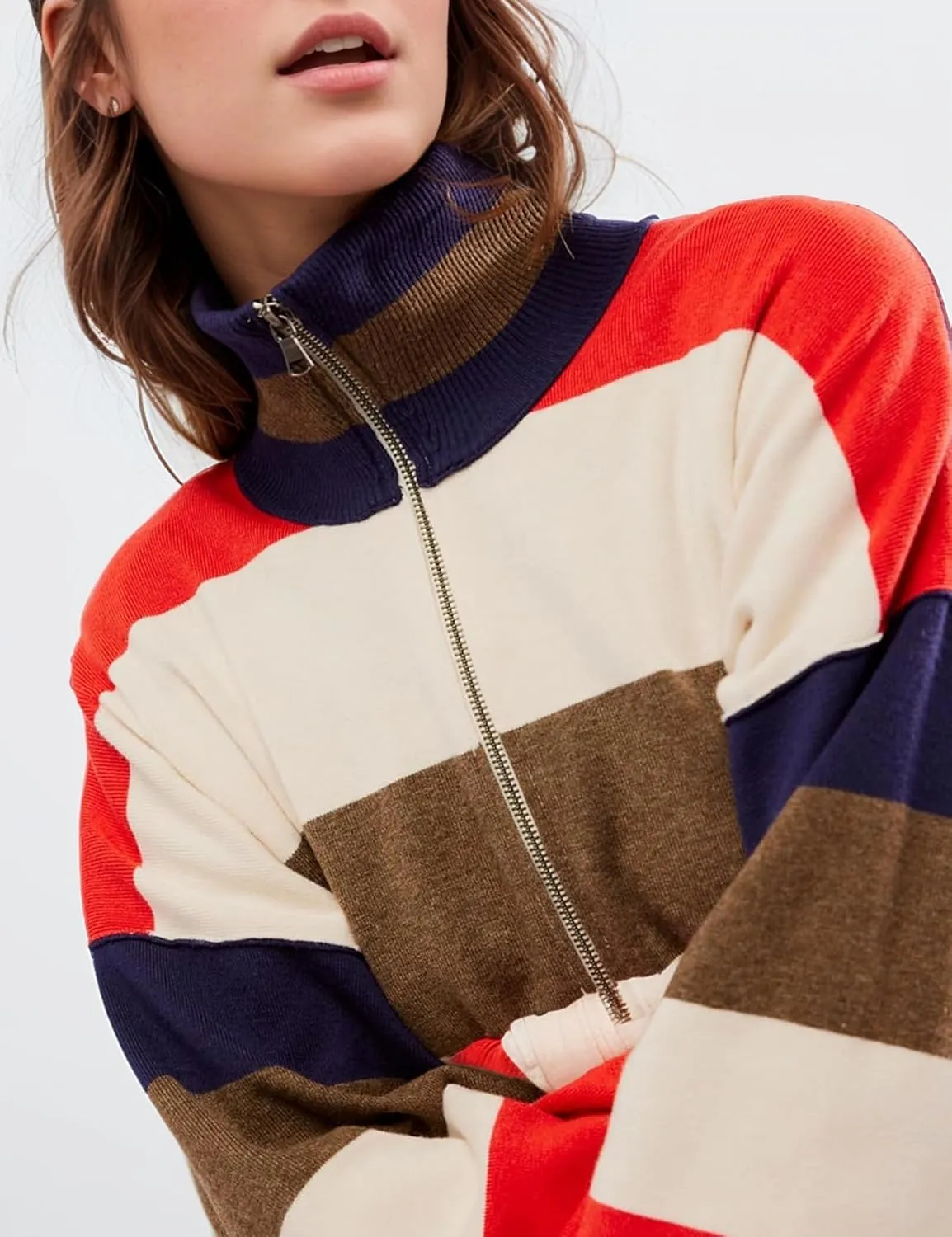 Arssm Womens Oversized Sweaters Color Block Stripe Half Zip Sweater Turtleneck Long Sleeve Fall Outfits 2024 S-XL