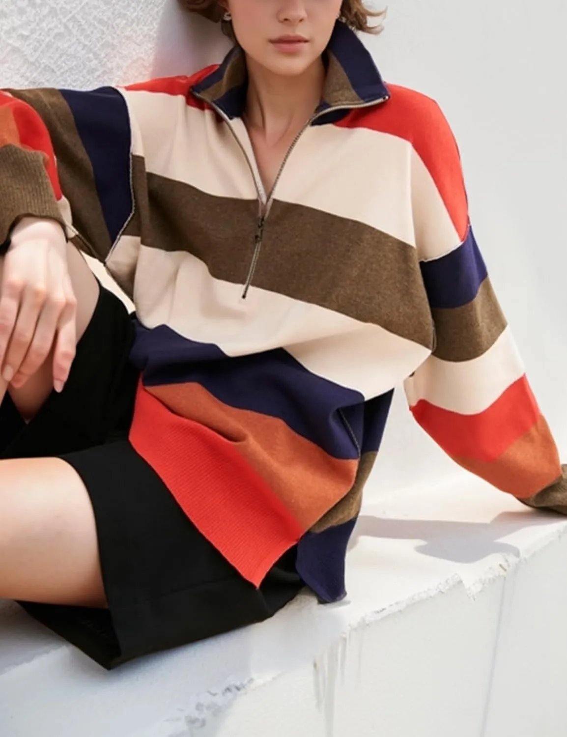 Arssm Womens Oversized Sweaters Color Block Stripe Half Zip Sweater Turtleneck Long Sleeve Fall Outfits 2024 S-XL