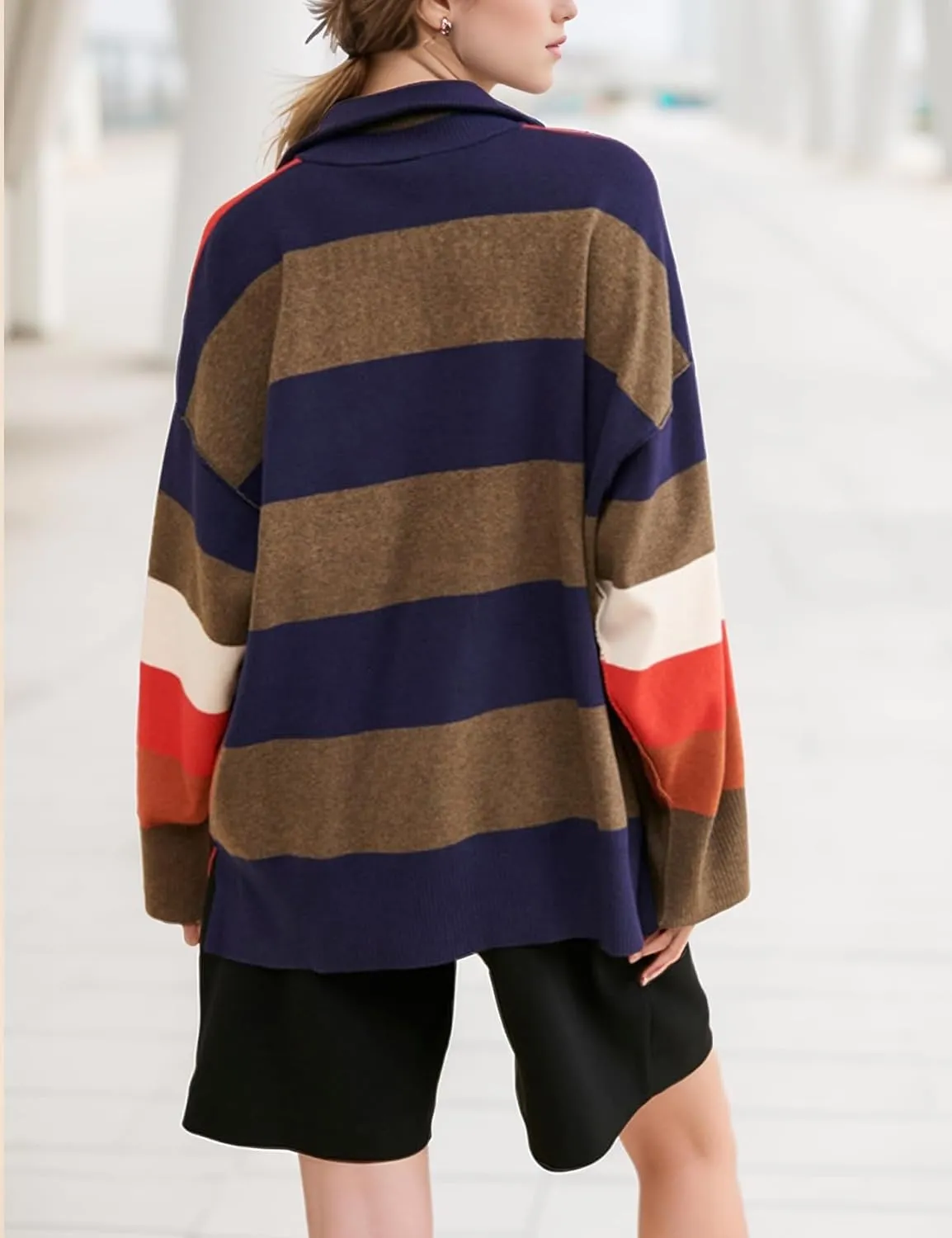 Arssm Womens Oversized Sweaters Color Block Stripe Half Zip Sweater Turtleneck Long Sleeve Fall Outfits 2024 S-XL