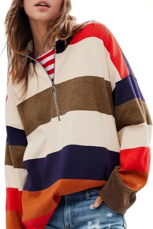 Arssm Womens Oversized Sweaters Color Block Stripe Half Zip Sweater Turtleneck Long Sleeve Fall Outfits 2024 S-XL
