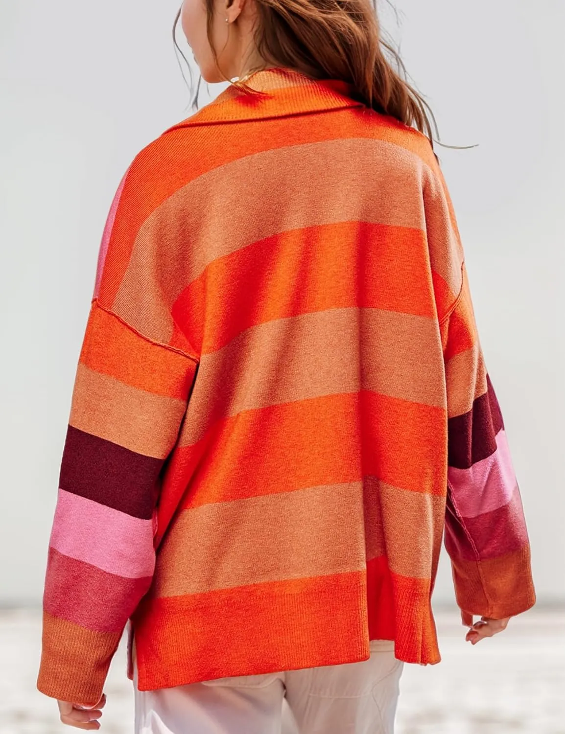 Arssm Womens Oversized Sweaters Color Block Stripe Half Zip Sweater Turtleneck Long Sleeve Fall Outfits 2024 S-XL