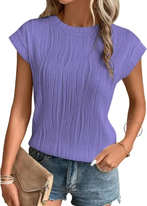 ATHMILE Womens Short Sleeve Summer Tops Crewneck Textured Shirts Basic T Shirt Casual Work Blouses