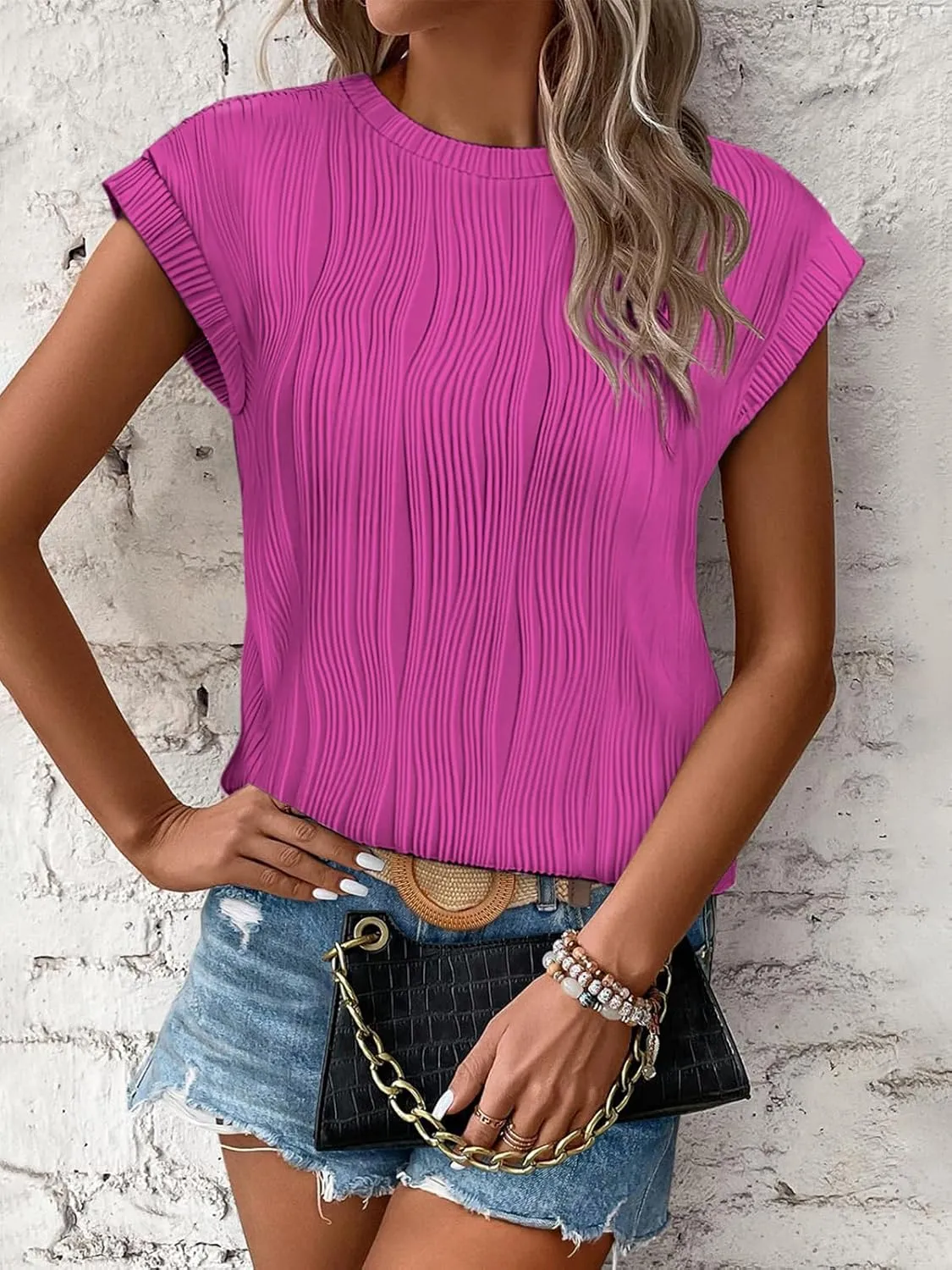 ATHMILE Womens Short Sleeve Summer Tops Crewneck Textured Shirts Basic T Shirt Casual Work Blouses