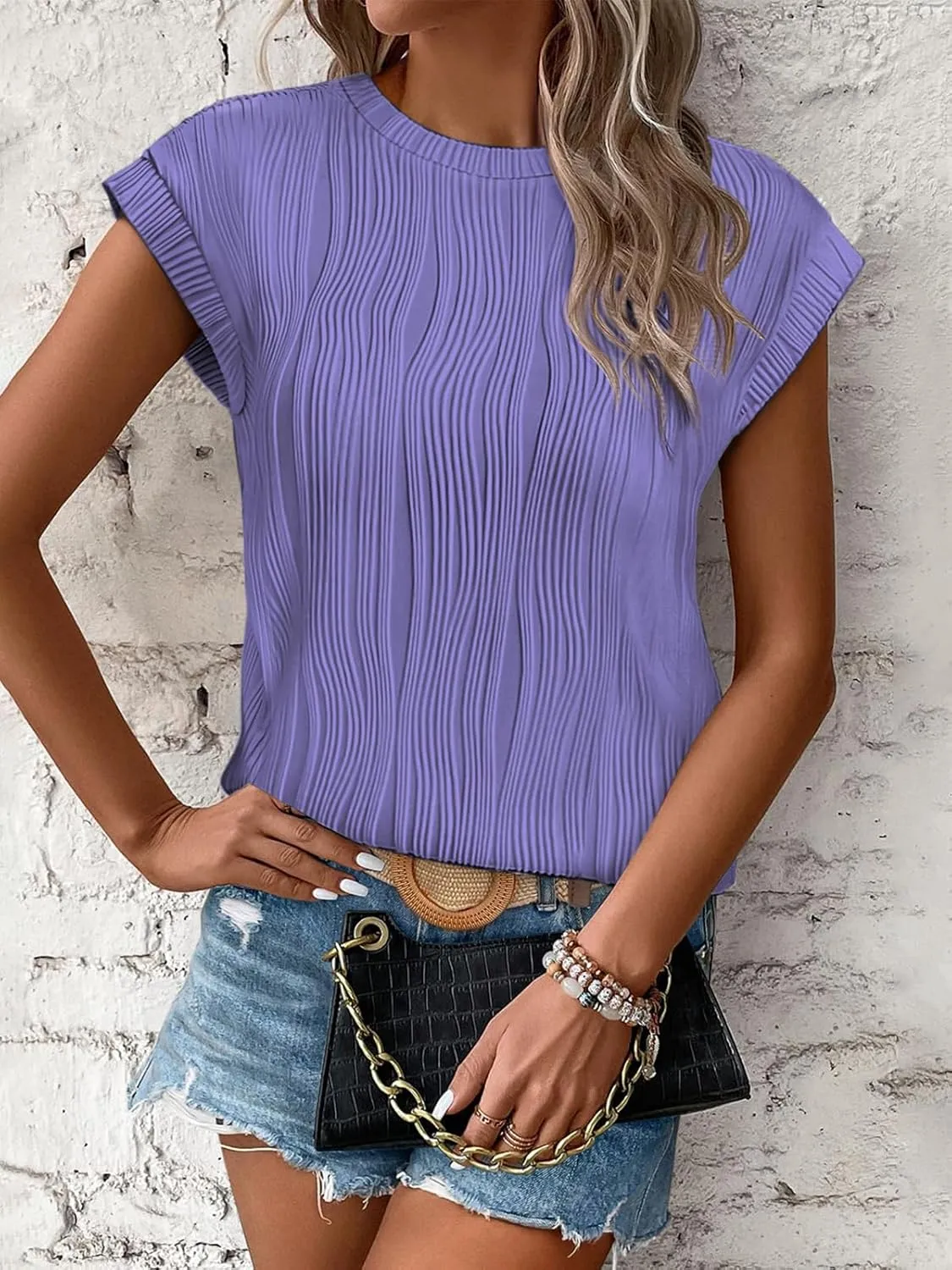 ATHMILE Womens Short Sleeve Summer Tops Crewneck Textured Shirts Basic T Shirt Casual Work Blouses