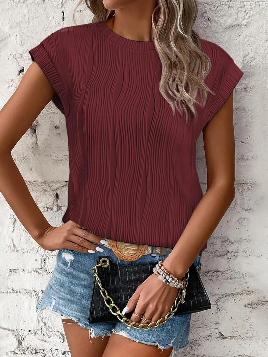 ATHMILE Womens Short Sleeve Summer Tops Crewneck Textured Shirts Basic T Shirt Casual Work Blouses