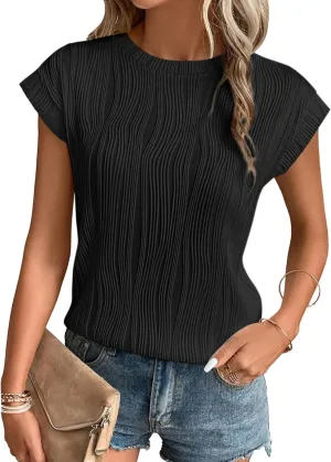 ATHMILE Womens Short Sleeve Summer Tops Crewneck Textured Shirts Basic T Shirt Casual Work Blouses