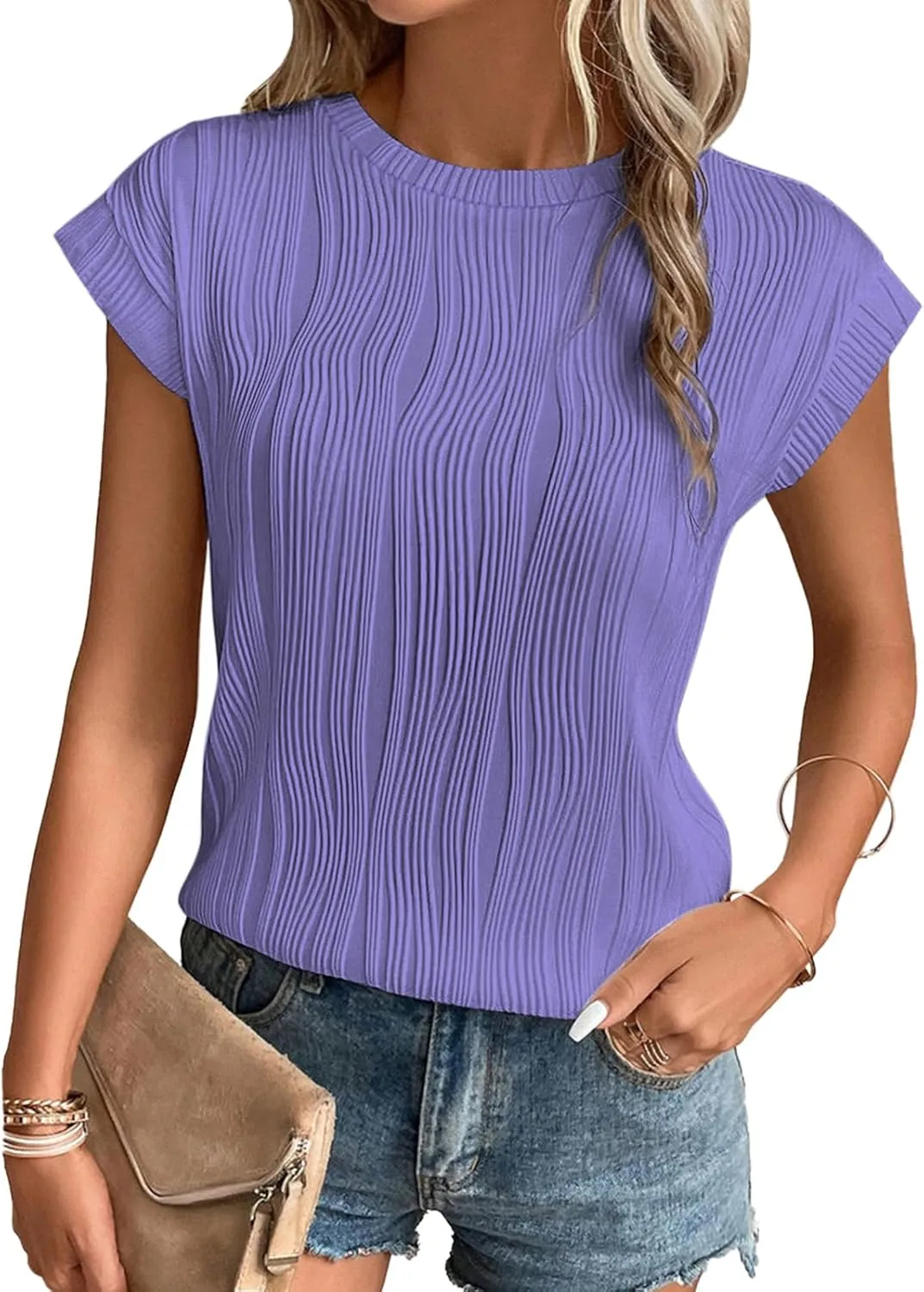 ATHMILE Womens Short Sleeve Summer Tops Crewneck Textured Shirts Basic T Shirt Casual Work Blouses