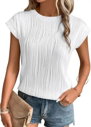 ATHMILE Womens Short Sleeve Summer Tops Crewneck Textured Shirts Basic T Shirt Casual Work Blouses