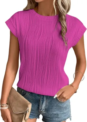 ATHMILE Womens Short Sleeve Summer Tops Crewneck Textured Shirts Basic T Shirt Casual Work Blouses