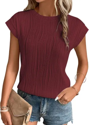 ATHMILE Womens Short Sleeve Summer Tops Crewneck Textured Shirts Basic T Shirt Casual Work Blouses