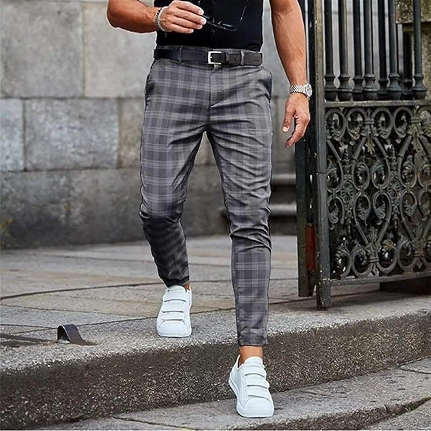 AYGJKIE Men's Chino Trousers Checked Fabric Trousers Slim fit Business Chino Trousers Straight Leg Slim Casual Trousers