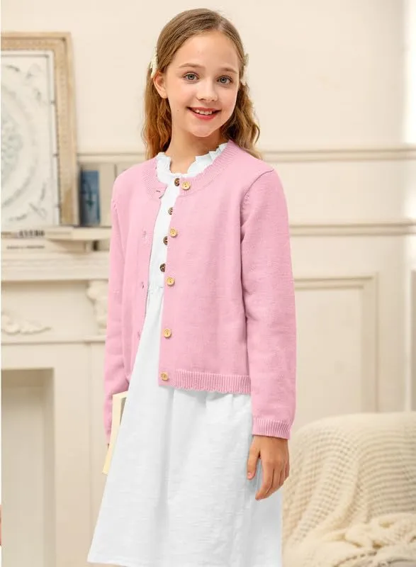 BesserBay Girls Solid Color Long Sleeve Knit Sweaters Button Down Uniform Cardigan 4-12 Years