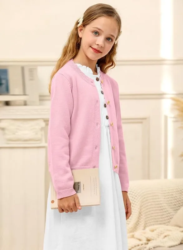 BesserBay Girls Solid Color Long Sleeve Knit Sweaters Button Down Uniform Cardigan 4-12 Years