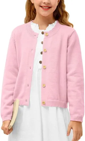 BesserBay Girls Solid Color Long Sleeve Knit Sweaters Button Down Uniform Cardigan 4-12 Years