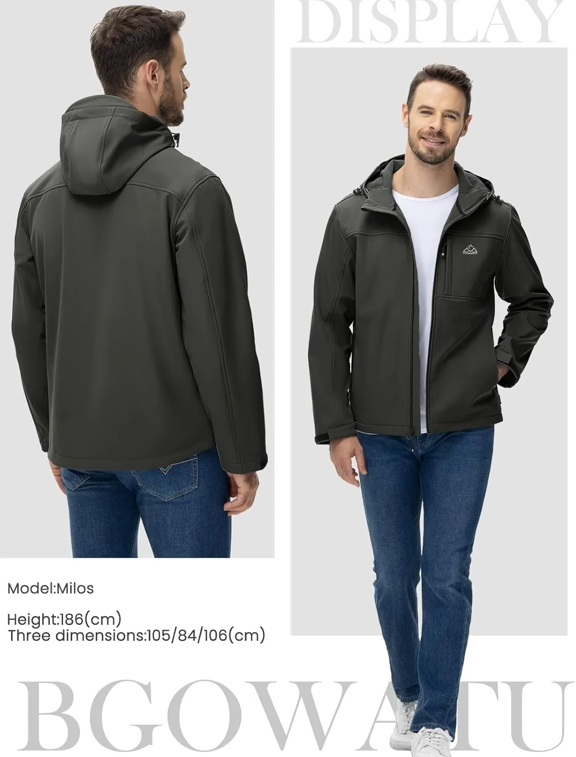 BGOWATU Men's Softshell Jacket Fall Winter Warm Fleece Lined Hooded Jacket Lightweight Windbreaker Casual Coats with Pockets