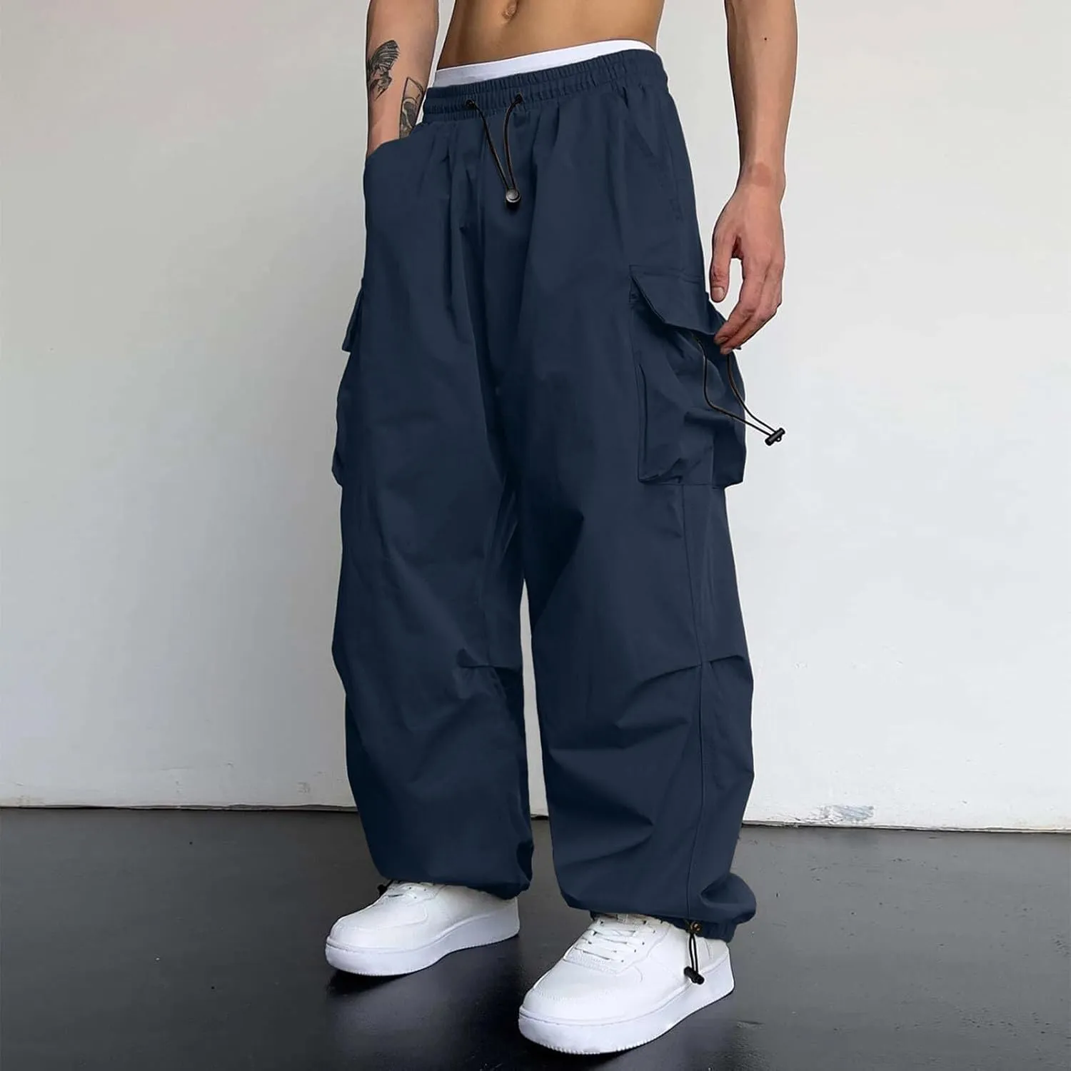 Cargo Pants Men Lightweight Casual Joggers Drawstring Elastic Waist Combat Pant with Pockets
