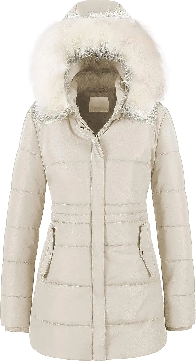 Chrisuno Women's Winter Warm Coats Puffer Jacket Long Drawstring Waterproof Snow Parka With Removable Faux Fur Trim Hood