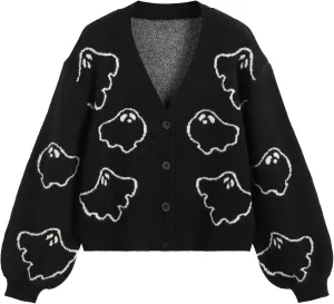 CIDER Halloween V-Neck Ghost Button Cardigan