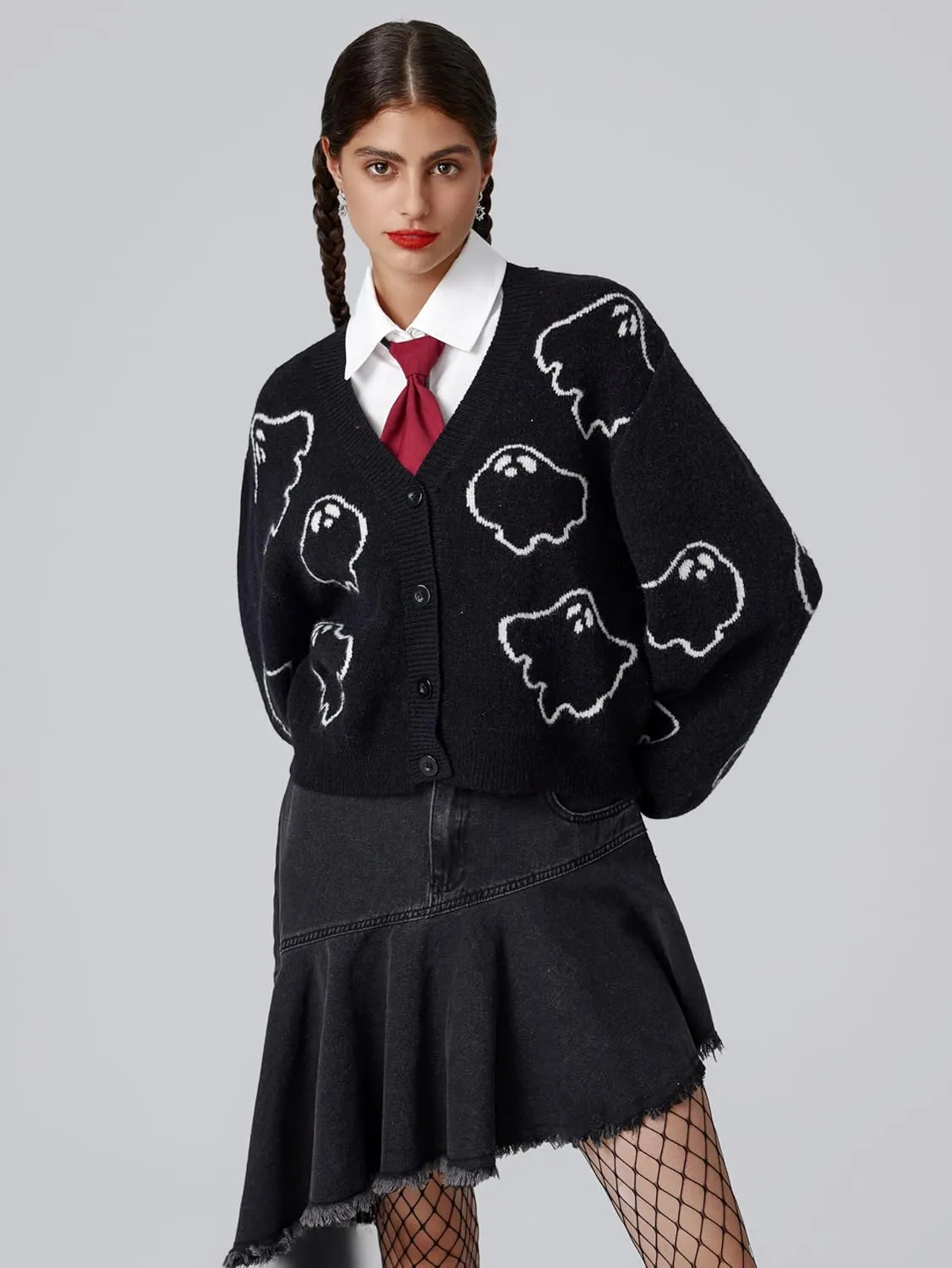 CIDER Halloween V-Neck Ghost Button Cardigan
