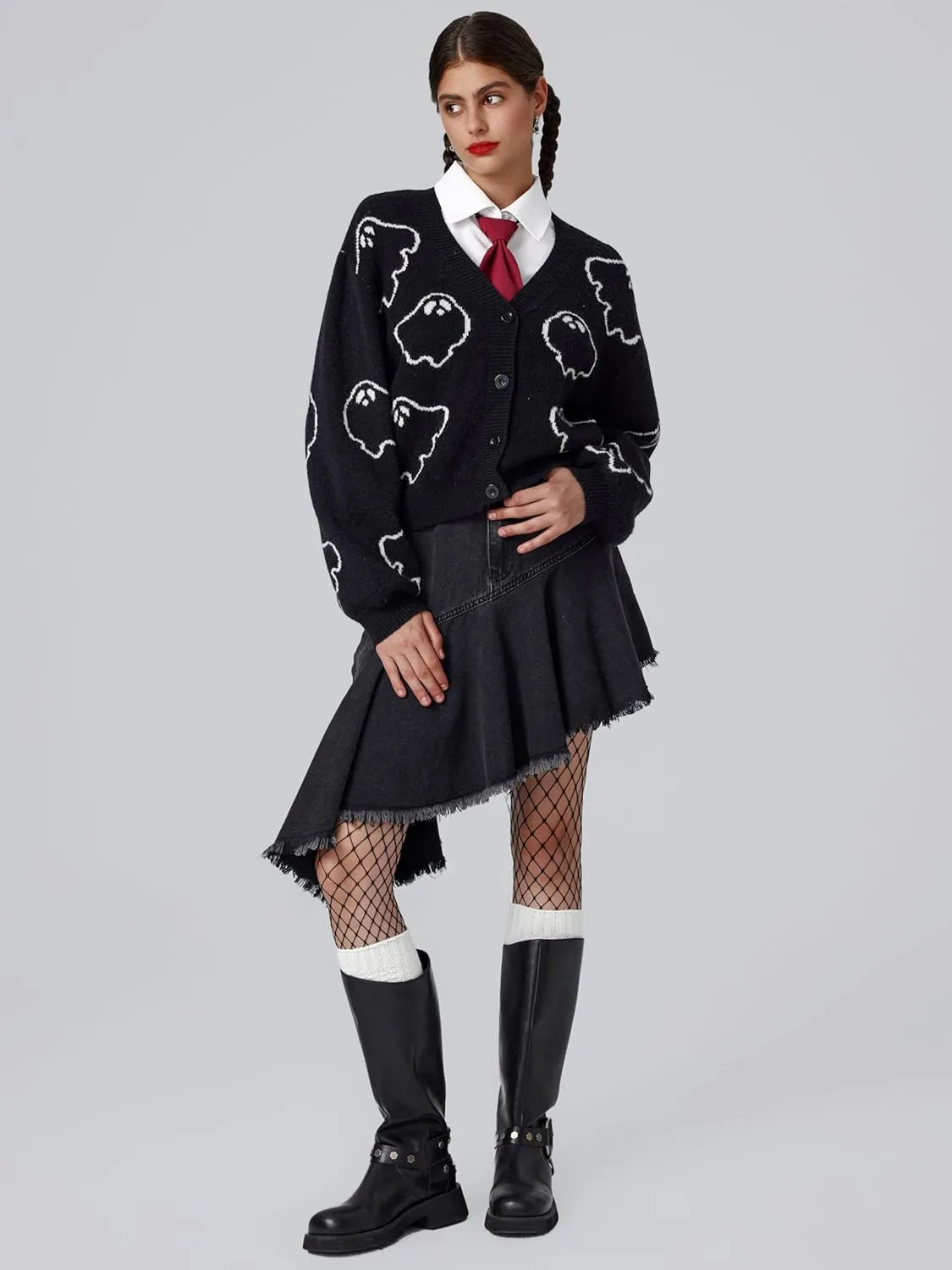 CIDER Halloween V-Neck Ghost Button Cardigan