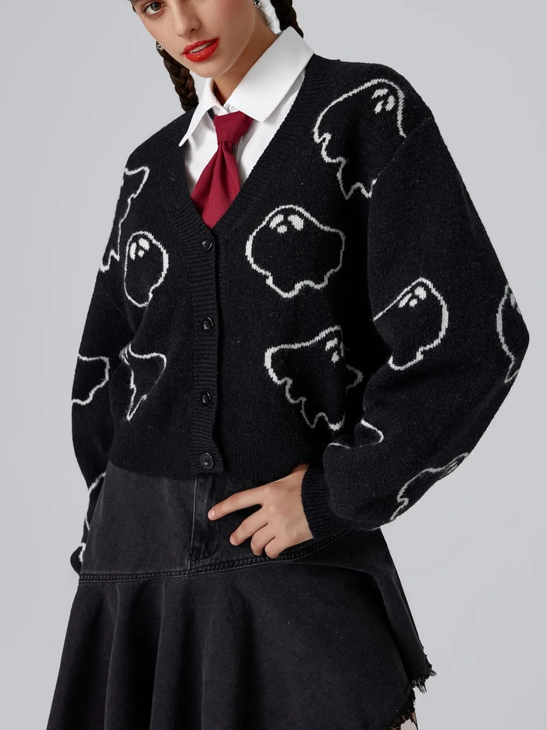 CIDER Halloween V-Neck Ghost Button Cardigan