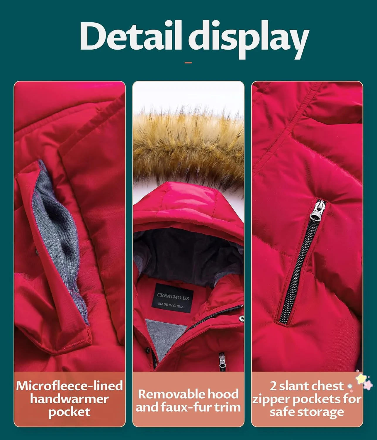 CREATMO US Boy's Winter Parka Water Resistant Hooded Puffer Fleece Lined Jackets Coats