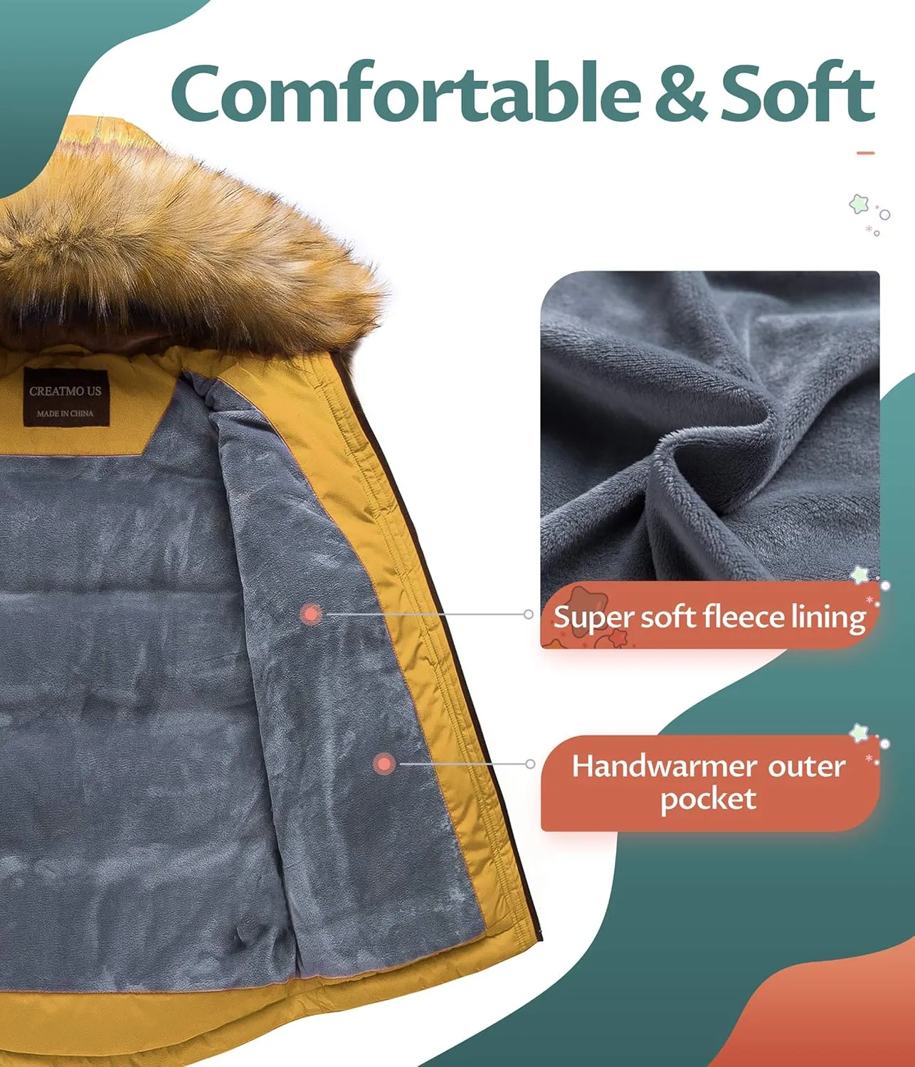 CREATMO US Boy's Winter Parka Water Resistant Hooded Puffer Fleece Lined Jackets Coats