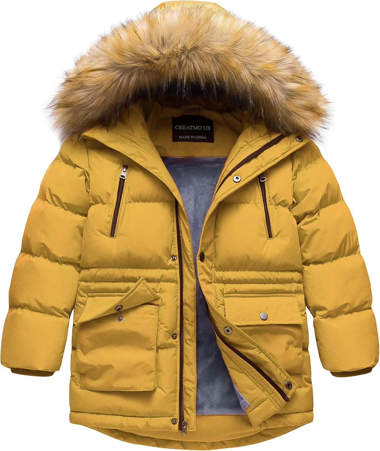 CREATMO US Boy's Winter Parka Water Resistant Hooded Puffer Fleece Lined Jackets Coats