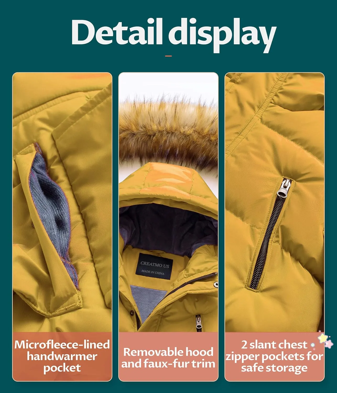 CREATMO US Boy's Winter Parka Water Resistant Hooded Puffer Fleece Lined Jackets Coats