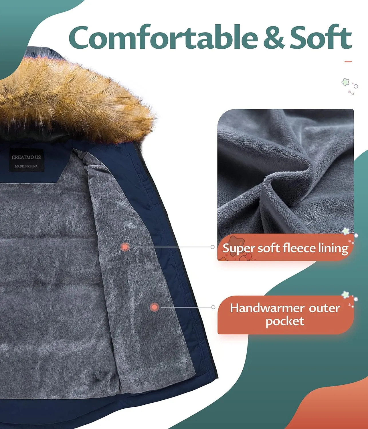 CREATMO US Boy's Winter Parka Water Resistant Hooded Puffer Fleece Lined Jackets Coats