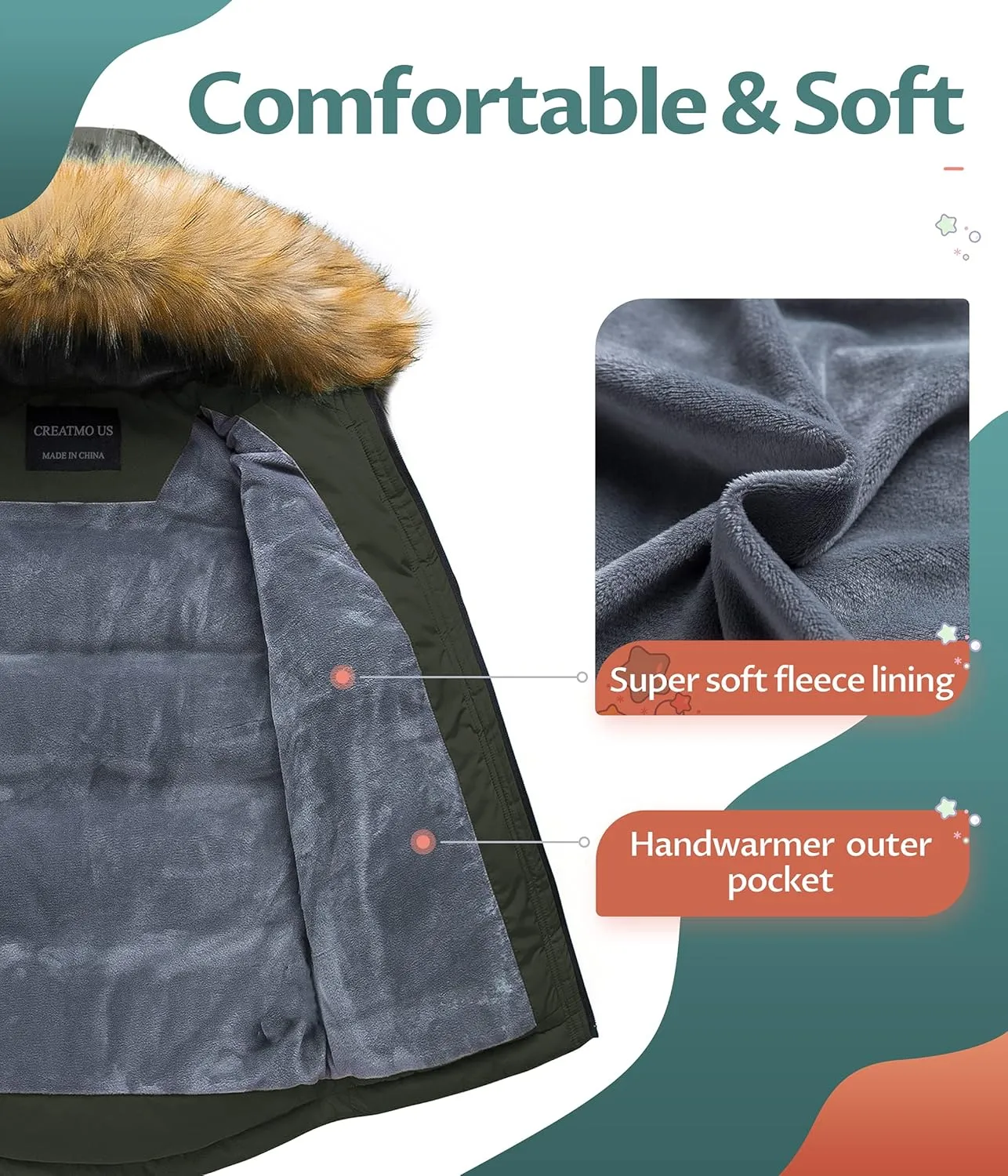 CREATMO US Boy's Winter Parka Water Resistant Hooded Puffer Fleece Lined Jackets Coats