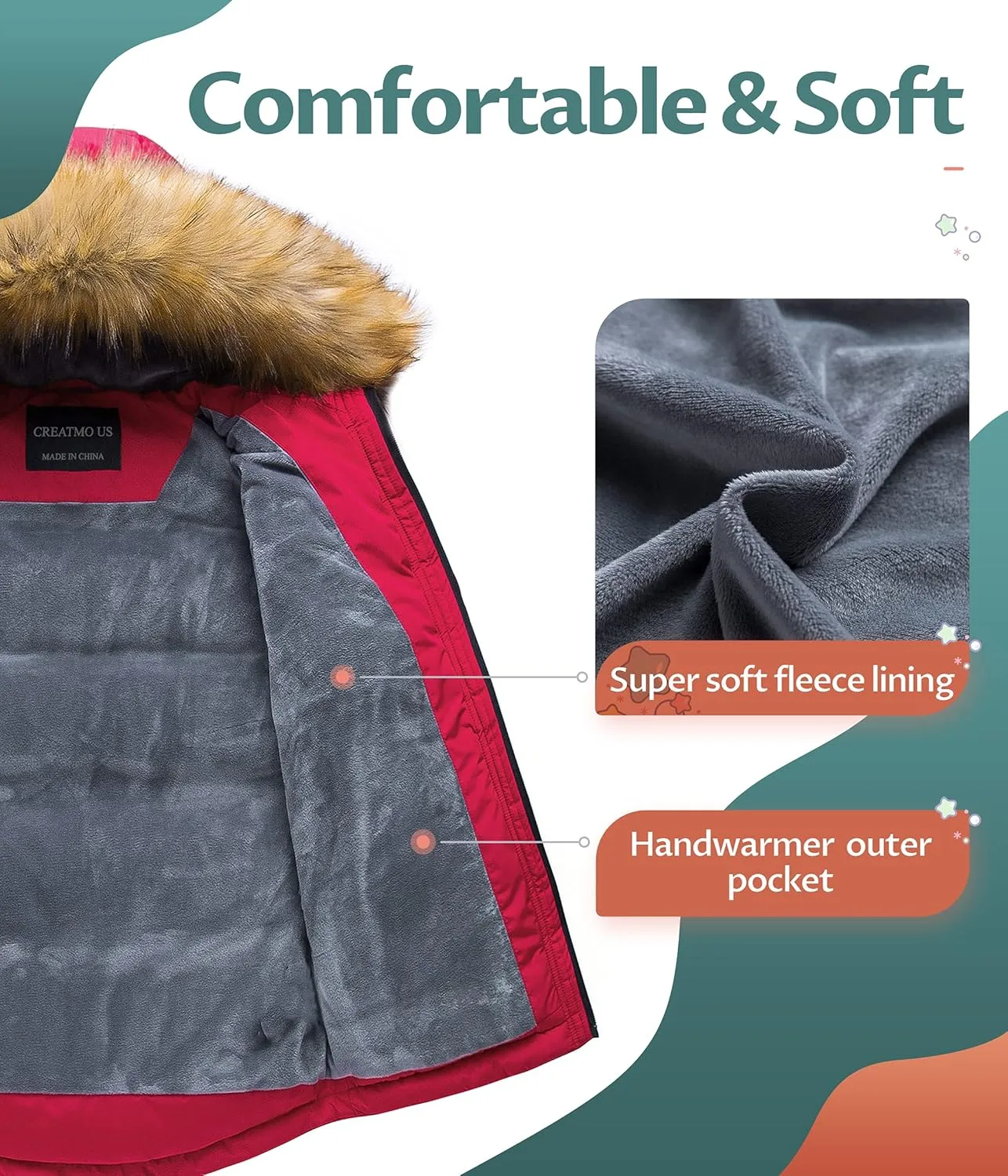 CREATMO US Boy's Winter Parka Water Resistant Hooded Puffer Fleece Lined Jackets Coats