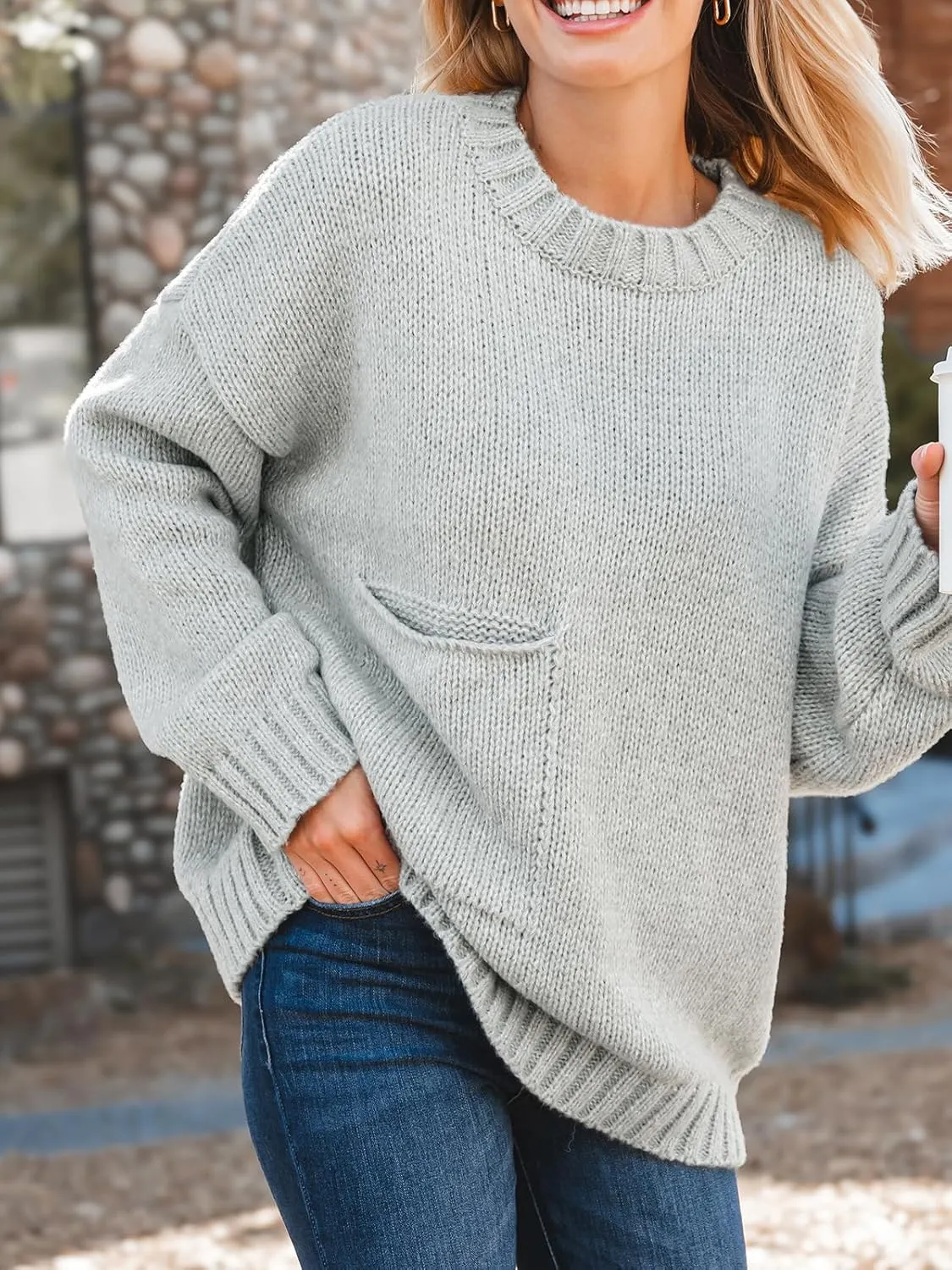 CUPSHE Womens Oversized Sweaters Ribbed Knit Crewneck Casual Long Sleeve Pullover Tops with Pocket