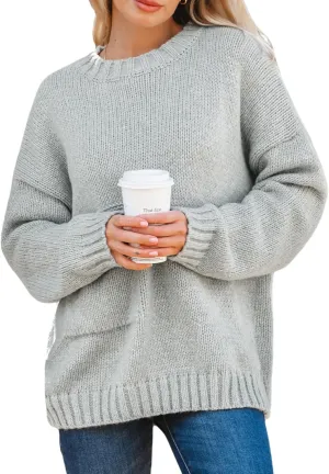 CUPSHE Womens Oversized Sweaters Ribbed Knit Crewneck Casual Long Sleeve Pullover Tops with Pocket
