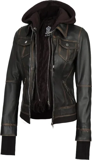Decrum Hooded Leather Jacket Women - Real Lambskin Womens Leather Jacket with Removable Hood